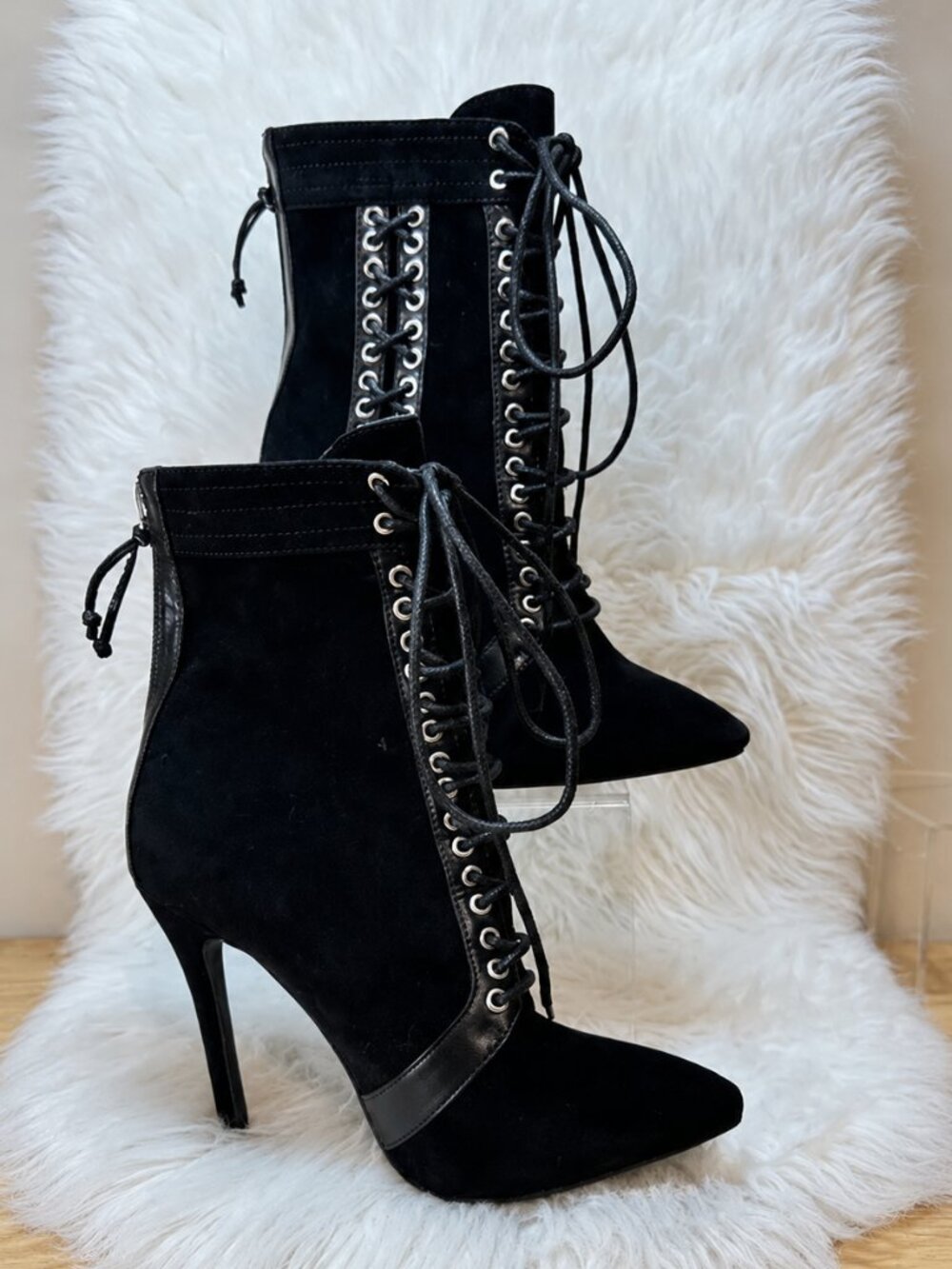 Bebo Sexy Goth Vixen Corset Lace Up Sky High Stiletto Fux Suede Bootie Heals